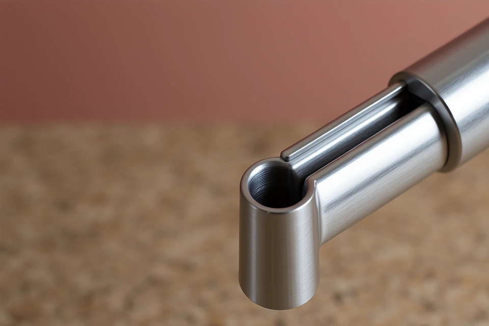 Detail van de gesloten hendel en uitloop van een geborstelde metalen keukenkraan