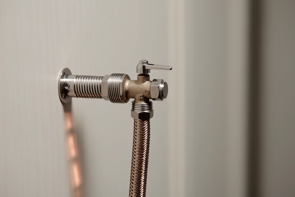 Detail van een waterafsluiter met een aangesloten gevlochten slang