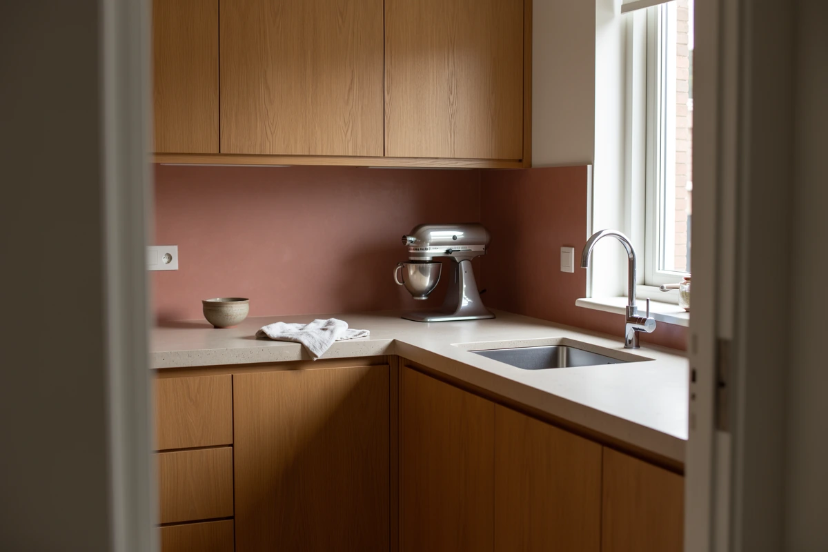 Keukenhoek met houten kasten, een spoelbak en een chroomkleurige mengkraan